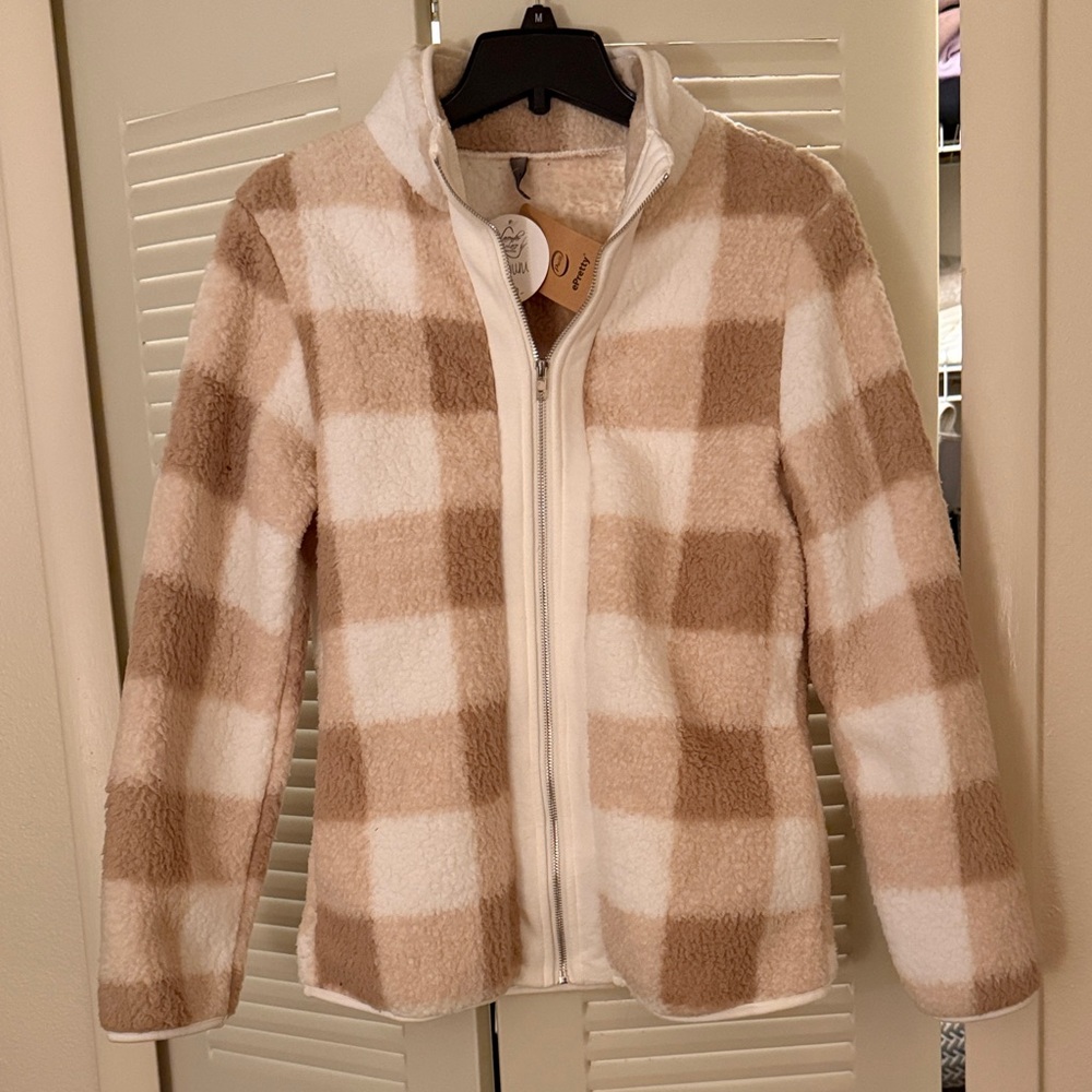 ePretty Checkered Teddy Jacket - Cream and Tan